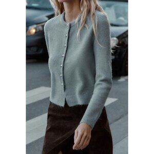 NWT Zara Cardigan Embellished Ball Buttons Blue Wool Blend Size Small
